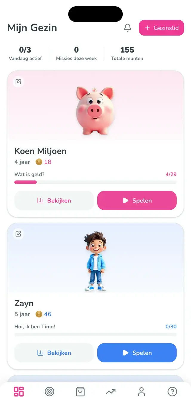 App-scherm: ouder-dashboard Mijn Gezin met voortgang per kind