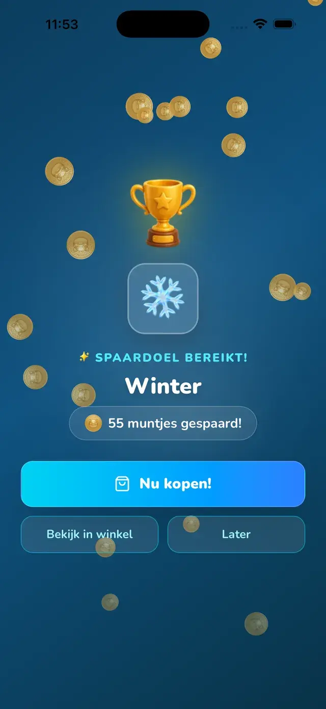App-scherm: spaardoel bereikt, 55 muntjes gespaard