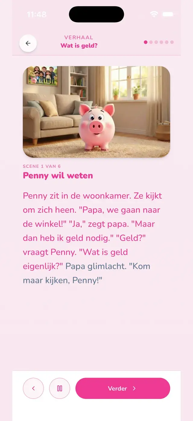 App-scherm: Penny vertelt het verhaal 'Wat is geld?'