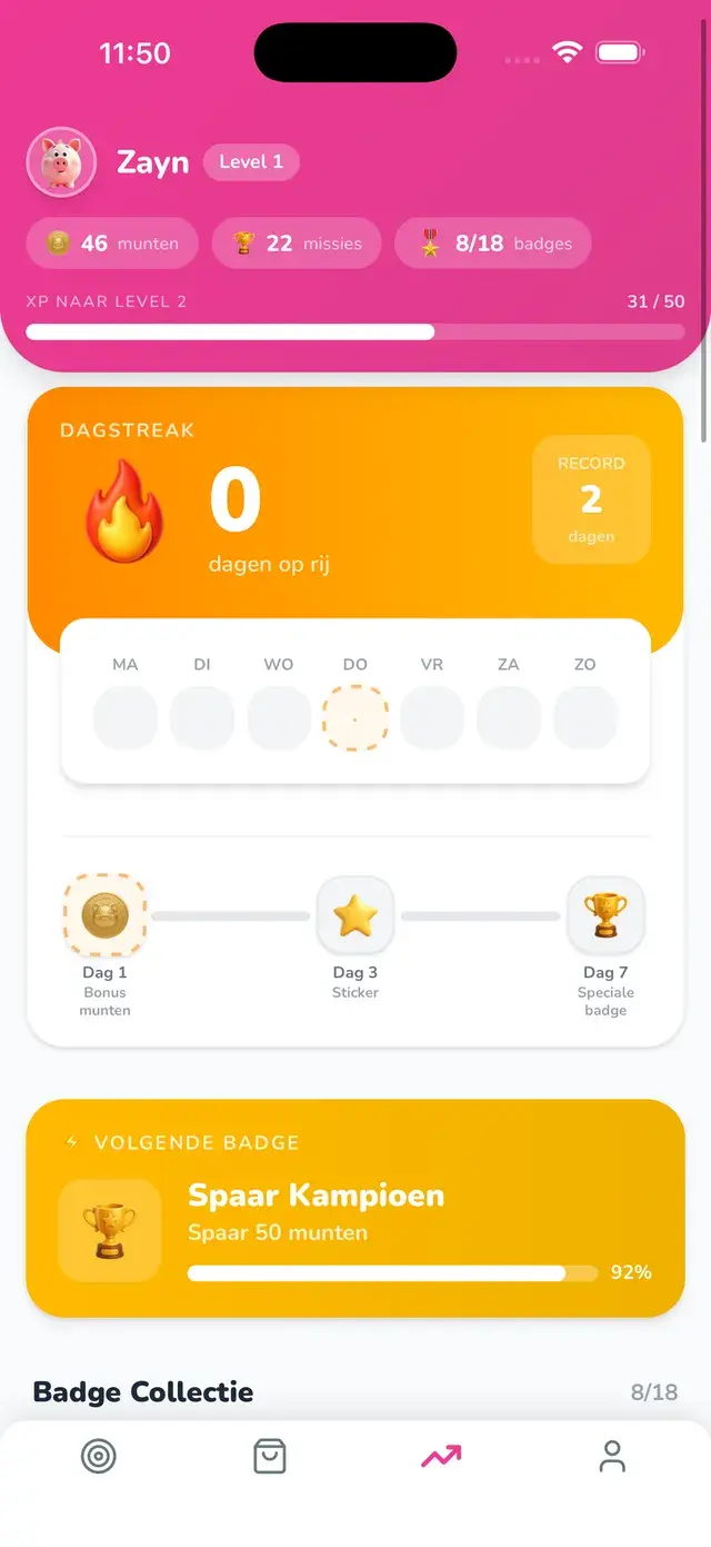 App-scherm: profiel met munten, streak en speeltijd